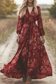 Floral Print V-neck Long-sleeved Fitted Waist Tie Maxi Dress