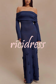 Timeless Sophistication Knit Off Shoulder Rose Detail Stretch Maxi Dress