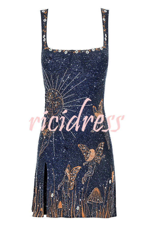 Magic and Night Sky Shiny Pattern Square Neck Slit Mini Dress