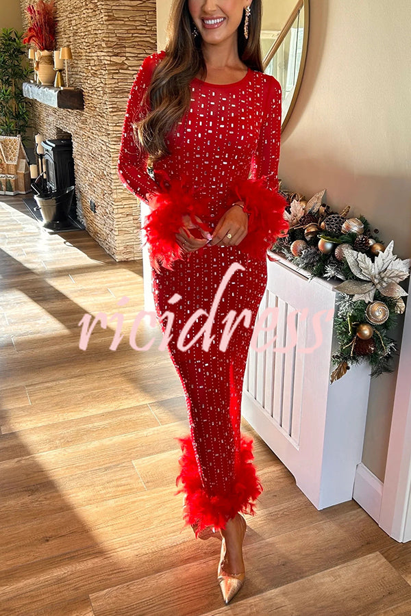 Sexy Long Sleeve Round Neck Feather Edge Rhinestone Decoration Slim Fit Maxi Dress