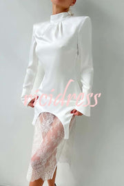 Melissa Satin High Neck Long Sleeve Curved Hem Top and Lace Midi Skirt Set