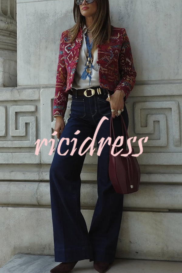 Vintage Bohemian Printed Chinese Style Buttons Long Sleeve Crop Jacket