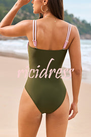 Fashionable Color-blocked Metal Button Stretch One-piece Swimsuit