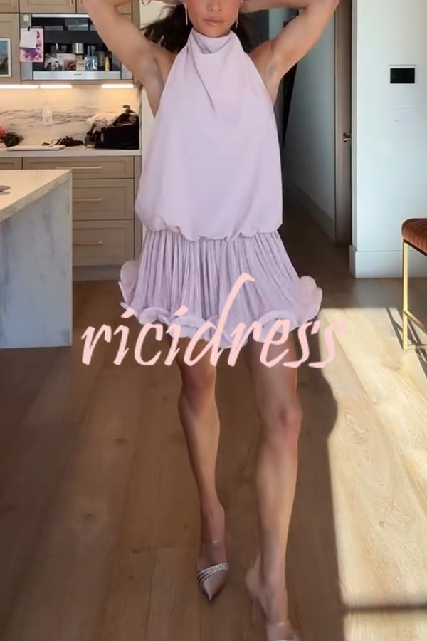 Ballerina Chic High Cowl Neck Pleated Wavy Ruffles Hem Backless Mini Dress
