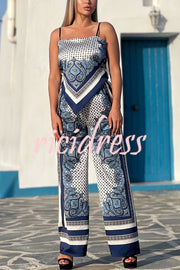 Unique Printed Sling Backless Strappy Top and Elastic Waisted Loose Pants Set