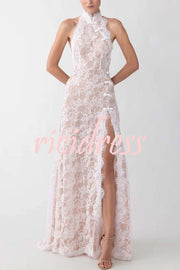 Cheongsam Style Lace Mandarin Halter Neck Backless Slit Maxi Dress