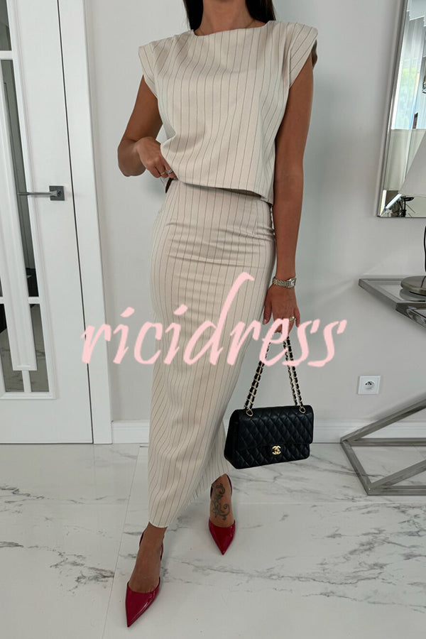 Trendy Business Striped Shoulder Padded Top and Elastic Waist Pencil Slit Skirt Set