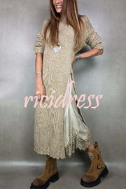 Solid Color Knitted Long-sleeved Casual Slit Midi Dress