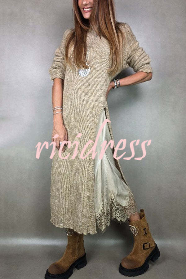 Solid Color Knitted Long-sleeved Casual Slit Midi Dress