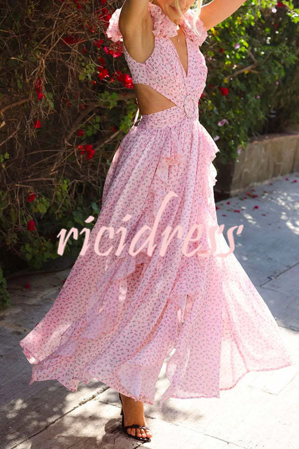 Wedding Dreams Chiffon Printed Flutter Sleeve Cutout Back Lace-up Maxi Dress
