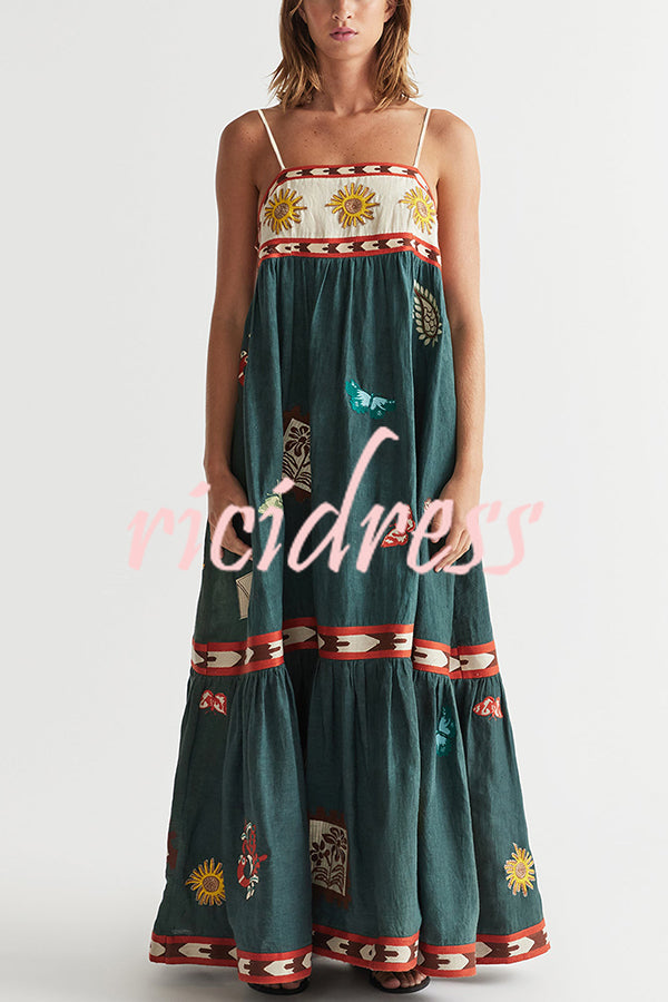 Unique Printed Sexy Suspender Backless Large Hem Maxi Dress