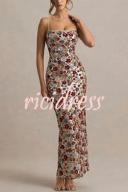 The Center of Attention Floral Print Sequin Square Neck Slip Stretch Maxi Dress