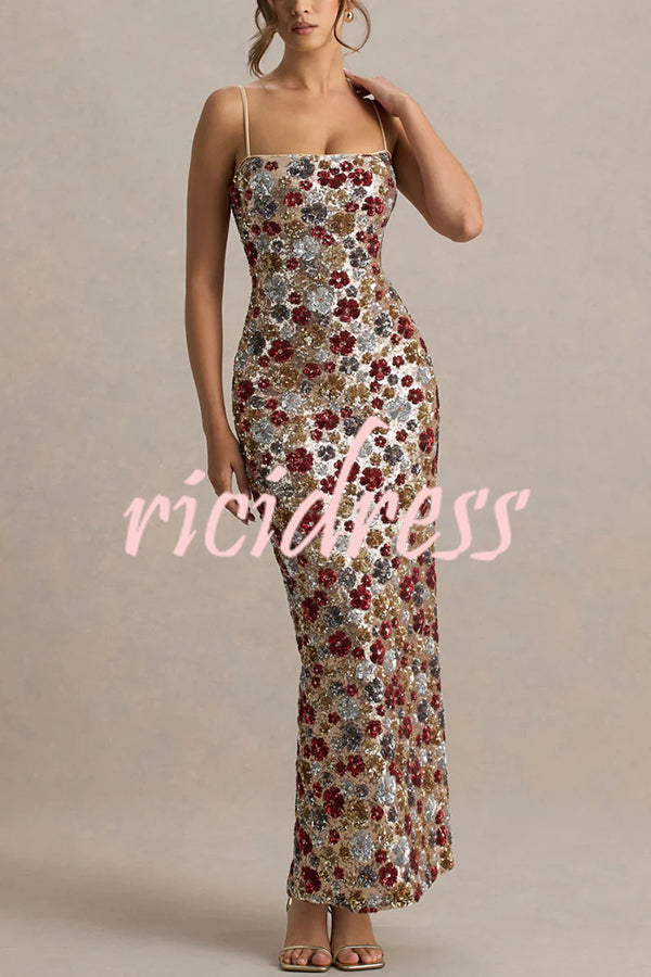 The Center of Attention Floral Print Sequin Square Neck Slip Stretch Maxi Dress