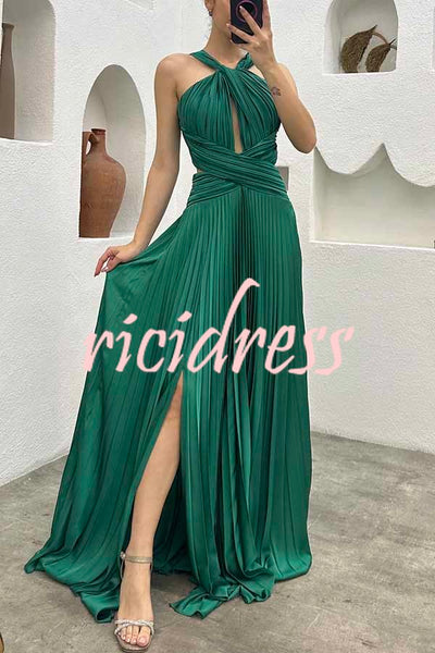 Stay Sophisticated Pleated Cross Neck Cutout Slit Evening Maxi Dress