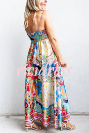 Satin Resort Print Sling Back Pleated Maxi Dress