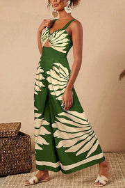 Unique Printed Open Back Pleated Casual Wide-leg Jumpsuit