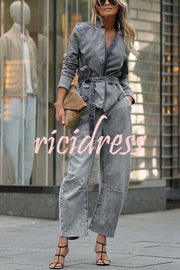 Casual Meetup Denim Stand Neck Long Sleeve Belted Loose Jacket