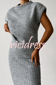 Triko Knit Short Sleeve Sweater and Stretch Ribbed Midi Skirt Set