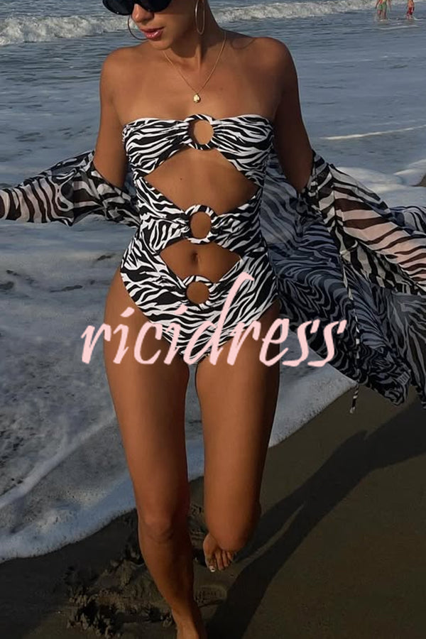 Marsie Zebra-print Ring Cutout Details Off Shoulder Stretch One-Piece Swimsuit