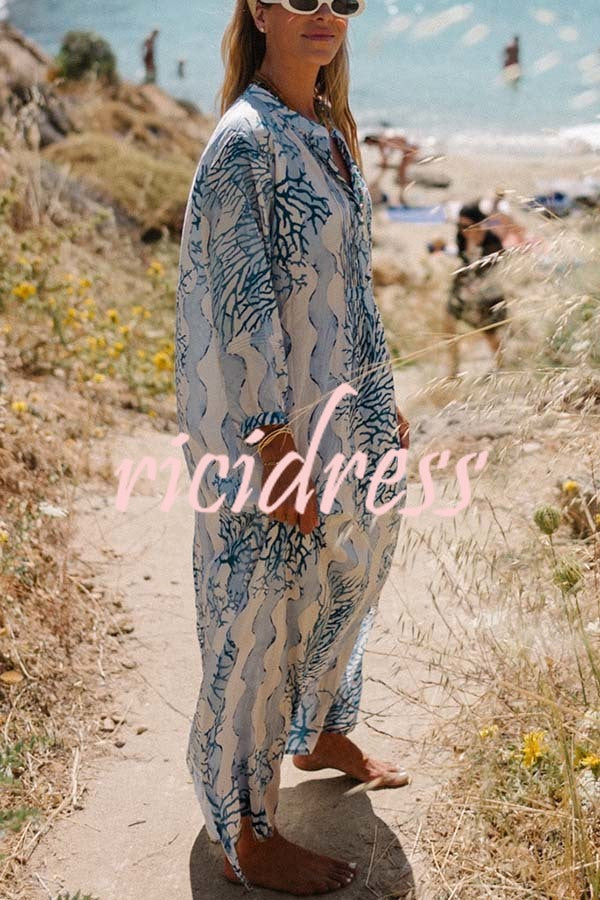 Quiet Sea Unique Print Pleated Neck Long Sleeve Slit Kaftan Maxi Dress