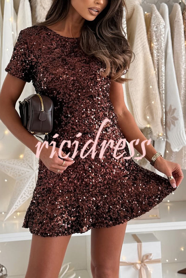 Midnight Fizz Sequin Short Sleeve Top and Elastic Waist Mini Skirt Set