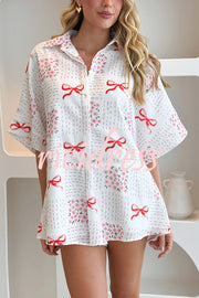 Sweet Bow Print Lapel Half Sleeve Tie Waist Loose Rompers