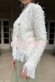 Solid Color Metal Button Long Sleeve Elegant Tassel Top
