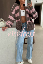 Fashionable Patchwork Striped Casual Pocket Knitted Sweater
