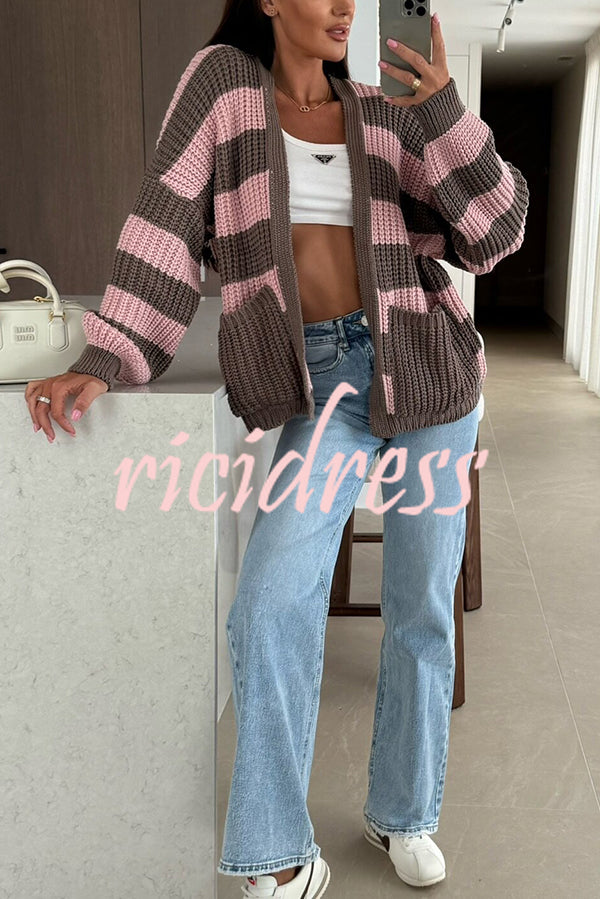 Fashionable Patchwork Striped Casual Pocket Knitted Sweater