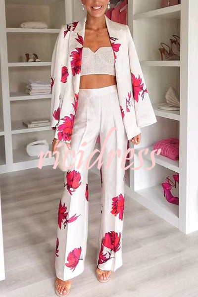 Special Attendance Satin Floral Print Long Sleeve Lapel Loose Blazer