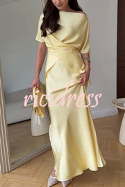 Secret of Elegance Satin Slit Back Lace-up Top and Elastic Waist Flare Maxi Skirt Set