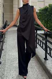 Simply Luxe Satin High Neck Irregular Hem Top and Elastic Waist Flare Loose Pants Set