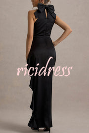 Maureen Satin High Neck Ruched Ruffle Slit Draped Maxi Dress