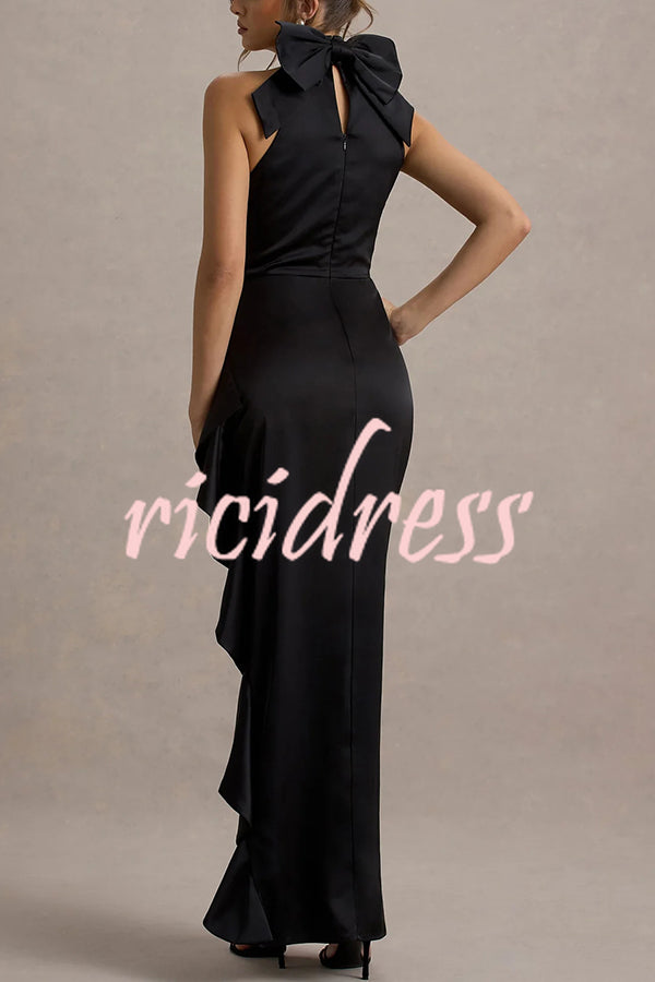 Maureen Satin High Neck Ruched Ruffle Slit Draped Maxi Dress