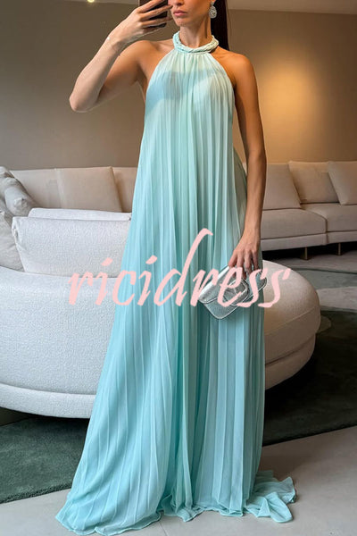 Gabie Chiffon Pleated Braided Halter Neck Backless A-line Maxi Dress