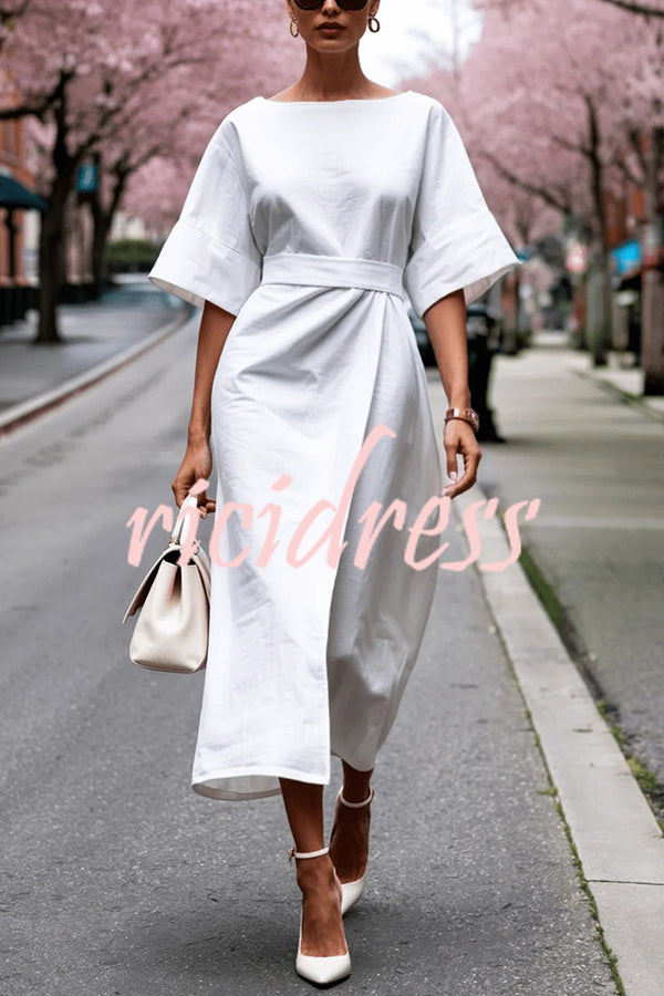 Solid Color Round Neck Half Sleeve Casual Waist Midi Dress