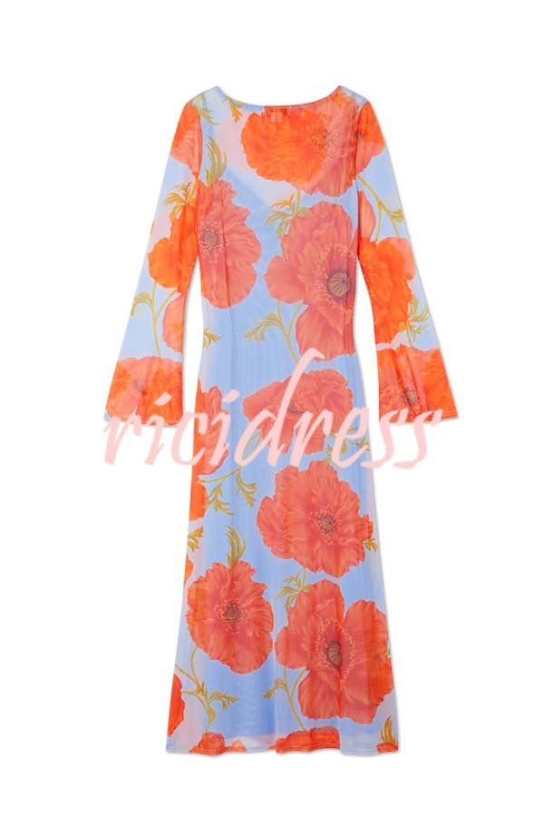 Perfect Cross-season Mesh Poppy Flower Print Long Sleeve Stretch Maxi Dress
