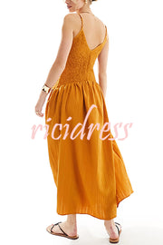 Fashionable V-neck Patchwork Smocked Sleeveless Suspender Midi Dress