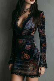 Elegant Velvet Floral Print V-neck Long-sleeved Slim-fit Mini Dress