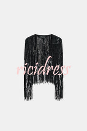 Party Crasher Layered Sequined Tassels Long Sleeve Loose Jacket