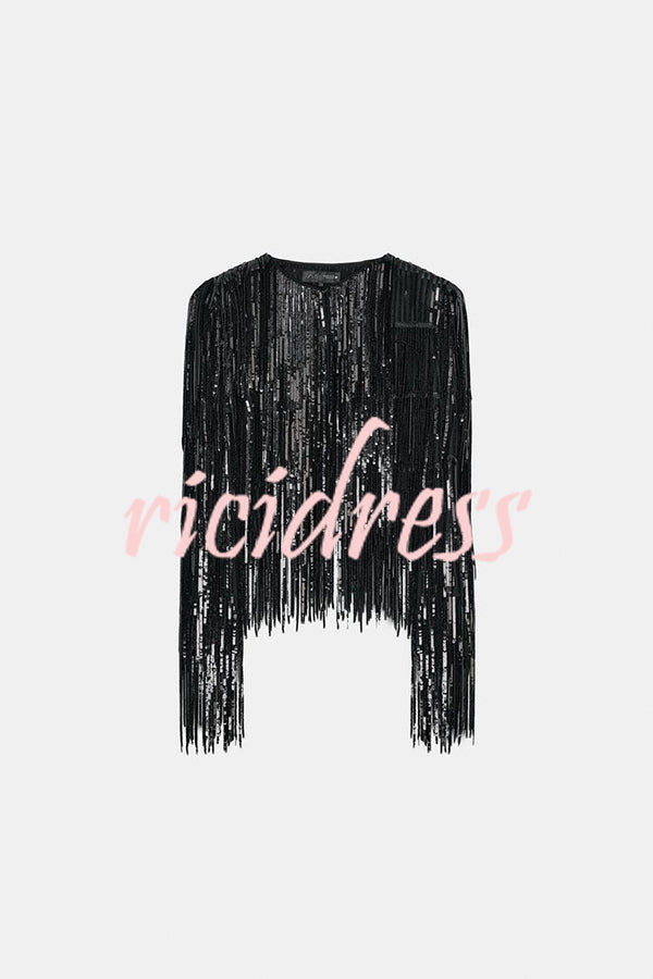 Party Crasher Layered Sequined Tassels Long Sleeve Loose Jacket