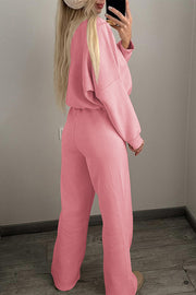 Solid Color Long-sleeved Zip-up Sports Jacket and Casual Elastic Waist Pocket Pants Set