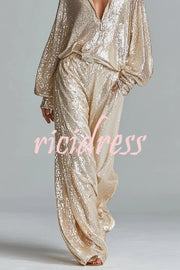 Glamorous Day Sequin Half Zip Loose Shirt and Elastic Waist Pocket Wide Leg Pants Set