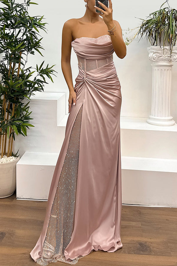 Essie Satin Rhinestone Patchwork Twist Waist Strapless Slit Maxi Dress