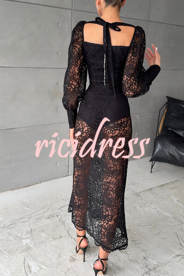 Timeless Moment Floral Lace Square Neck Button Up Balloon Sleeve Top