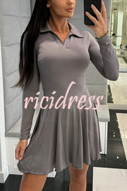 Solid Color Lapel Long Sleeve Slim Fit Waist Mini Dress