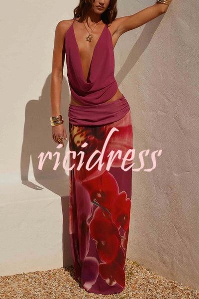 Sexy Deep V Backless Draped Camisole Top and Floral Print Chiffon Maxi Skirt Set