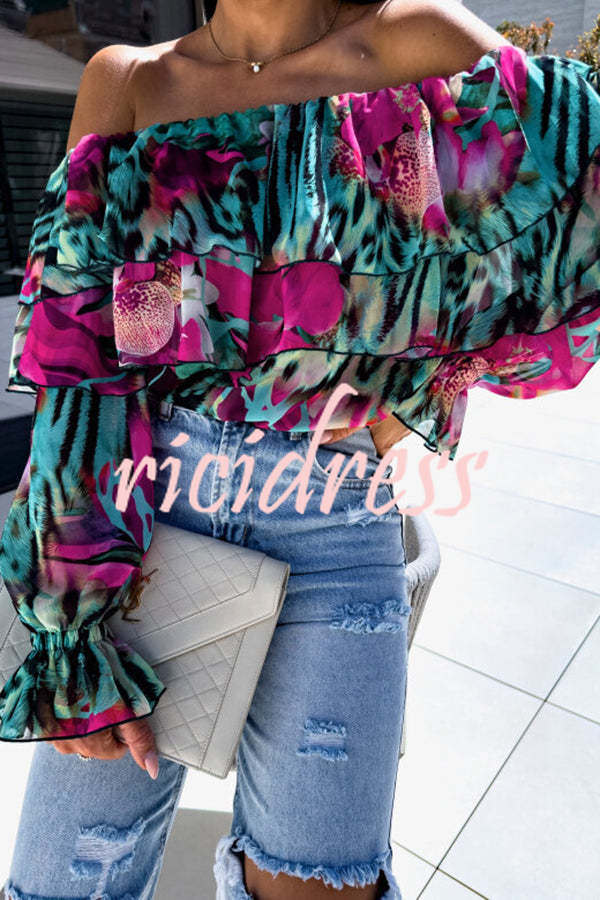 Colorful Botanical Print Sexy Off-shoulder Ruffle Top