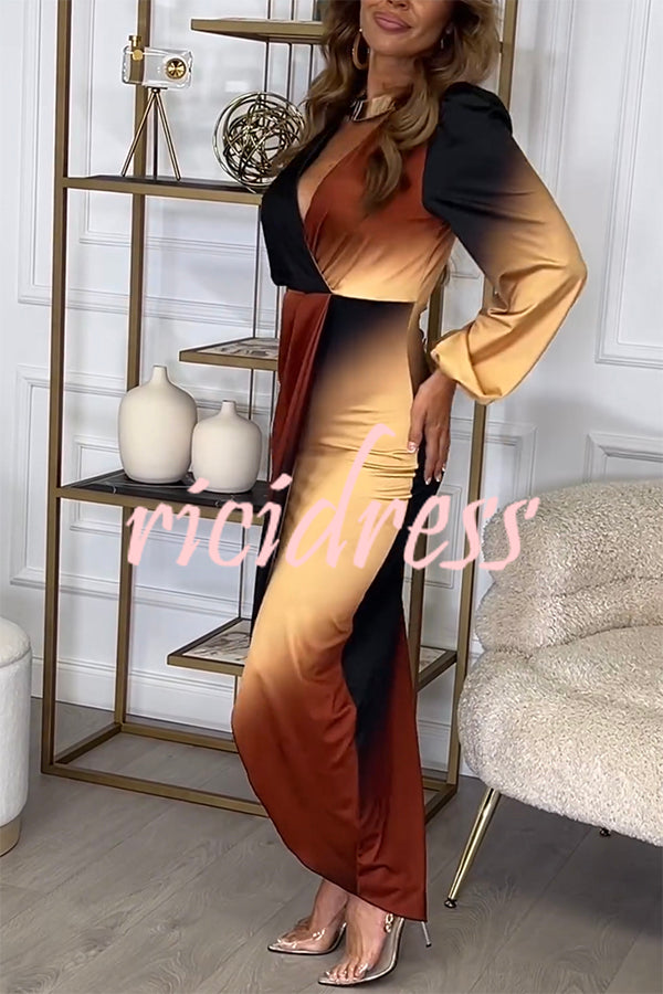 Romantic Sunset Gradient Print Ruched Balloon Sleeve Slit Maxi Dress