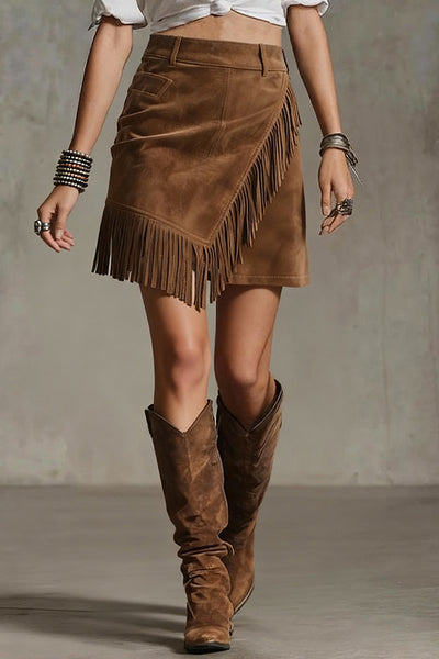 Retro Suede Casual Asymmetrical Fringed Hem Mini Skirt